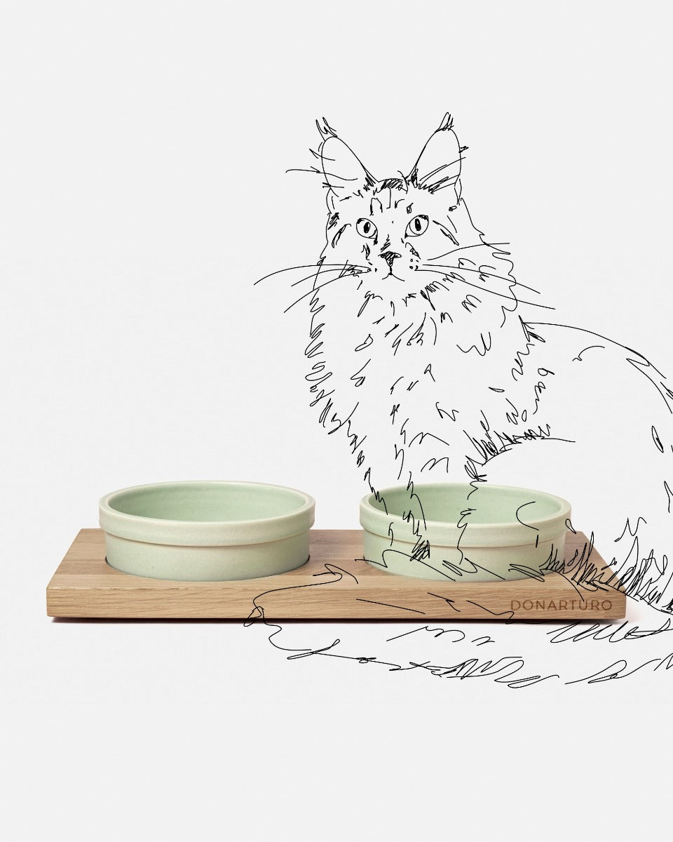 Porta ciotole in ceramica per gatti in rovere