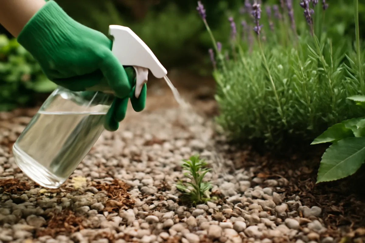 Aceto bianco sui sassi del giardino: evita la ricrescita delle erbacce senza danneggiare le piante